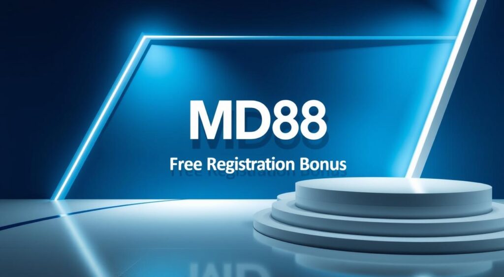 A high-resolution, photorealistic image of a modern, sleek, and visually appealing digital advertisement for the "MD88 Singapore" brand, showcasing a prominent "Free Registration Bonus" offer. The scene features a clean, minimalist design with a striking color palette of blues, whites, and greys, creating a sense of sophistication and professionalism. The composition places the "MD88" brand name and the "Free Registration Bonus" offer as the focal points, surrounded by elegant geometric shapes and patterns that subtly reinforce the brand's identity. The overall mood is one of excitement and anticipation, inviting the viewer to engage with the offer. The lighting is soft and directional, highlighting the key elements and creating depth and dimension within the frame. The camera angle is slightly elevated, lending an air of authority and importance to the subject matter.