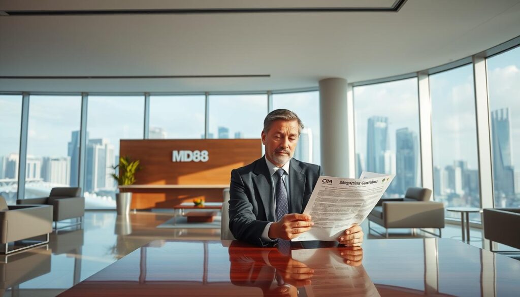 A professional, clean-cut corporate office interior with sleek, minimalist furniture and large floor-to-ceiling windows showcasing a sweeping view of the Singapore skyline. In the foreground, a well-dressed, middle-aged business executive sits at a polished wooden desk, studying a document titled "CRA Singapore Gambling Regulations". The lighting is bright and natural, accentuating the refined, high-end aesthetic. A sense of authority and attention to detail pervades the scene, reflecting the serious, regulatory nature of the subject matter. The MD88 logo is discreetly displayed on a wall panel in the background.