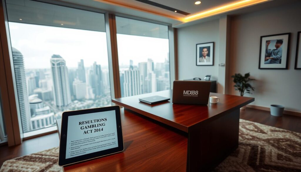 A sleek and modern office interior, with floor-to-ceiling windows overlooking the bustling cityscape of Singapore. In the foreground, a mahogany desk sits atop a plush, geometric rug, and on the desk lies a tablet displaying the regulations of the Remote Gambling Act 2014. A laptop and a framed certificate bearing the "MD88" brand name are also visible, hinting at the legal online gambling services offered. The lighting is warm and inviting, creating a professional and authoritative atmosphere. The walls are adorned with minimalist art pieces, and a potted plant in the corner adds a touch of greenery. This image encapsulates the intersection of Singapore's strict gambling laws and the legitimate online gambling platforms, such as MD88, operating within the regulatory framework.
