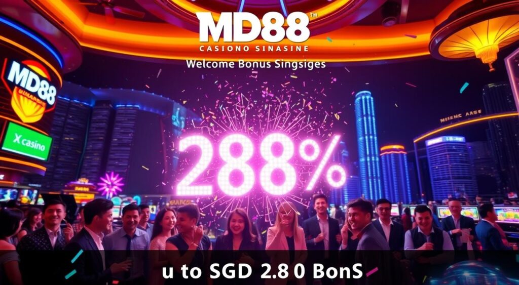 A vibrant, neon-lit casino scene with a prominent display of the "MD88" brand name. In the foreground, a large, glowing "288%" welcome bonus sign is the focal point, surrounded by sparkling lights and celebratory confetti. The middle ground features a group of happy, well-dressed individuals enjoying the festive atmosphere, with the background filled with the iconic architecture and cityscape of a bustling Singapore nightlife. The lighting is warm and inviting, creating a sense of excitement and anticipation for the "up to SGD 2,880" bonus offer.