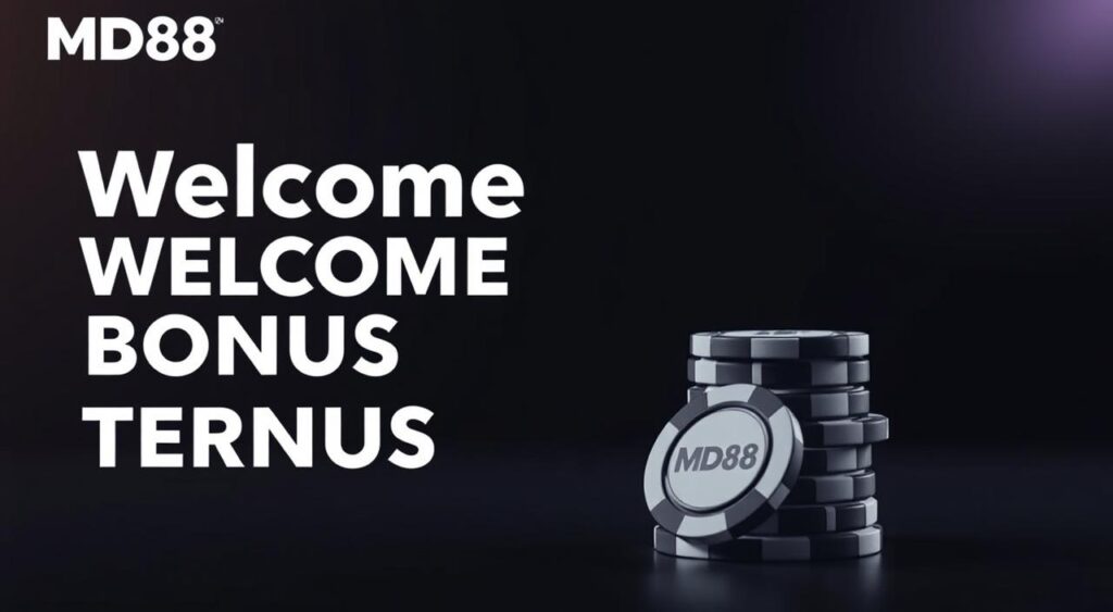 Elegant white text against a dark background, subtly reflecting the MD88 brand identity. The foreground features a stack of casino chips, each one distinctly marked with the MD88 logo, conveying the essence of the welcome bonus. The middle ground showcases a sleek, minimalist interface, hinting at the user experience. In the background, a soft glow emanates, creating a sense of warmth and inviting the viewer to explore the welcome bonus terms further.