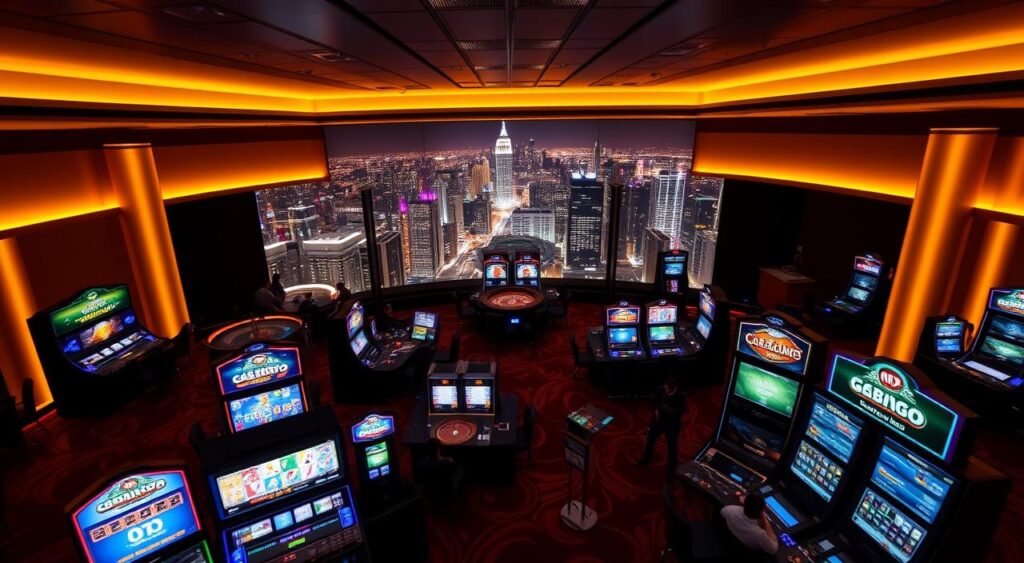 MD88 casino gaming platform with a sleek and modern design, set in a dimly lit room with warm, amber lighting. The platform features a variety of casino-style games, including slot machines, blackjack, and roulette, all displayed on high-resolution screens. The middle ground is populated with players engrossed in the action, their faces illuminated by the glow of the screens. In the background, a panoramic view of a bustling, neon-lit city skyline sets the scene, creating an immersive and atmospheric experience. The overall mood is one of excitement and anticipation, inviting the viewer to imagine the thrills of the MD88 online casino experience.